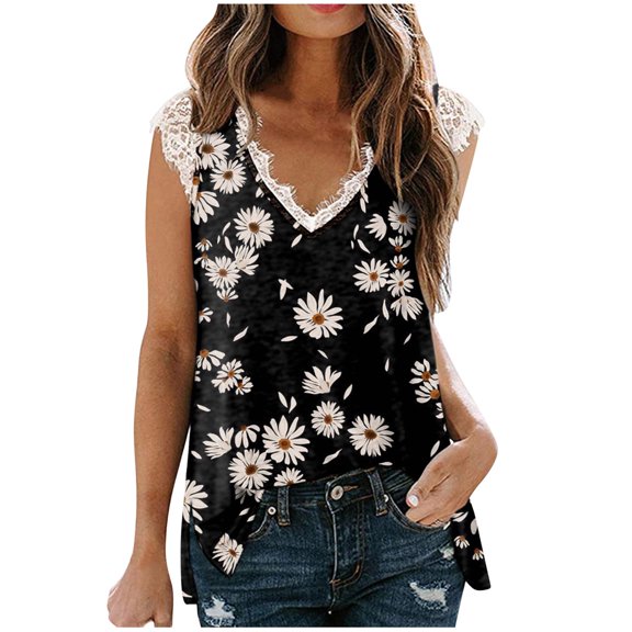 AOOCHASLIY Womens Tee Clothes Trendy Woman V-Neck Sleeveless Soft Blouse T-Shirt Floral Print Loose Tops