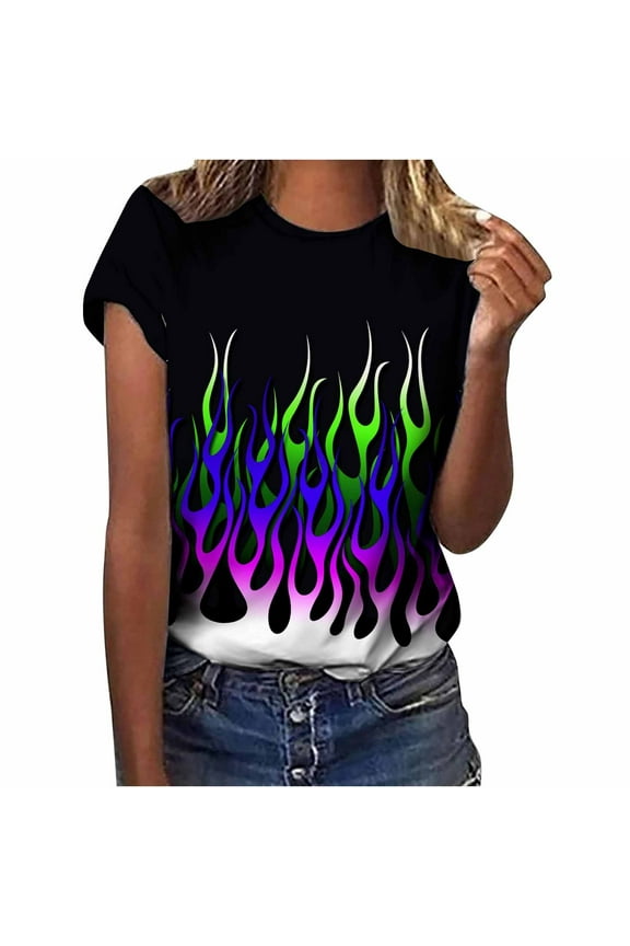 Womens Tee Shirts Clothes Crewneck T-Shirt Short Sleeves Flame Pattern Printed Casual Tops Blouse Print Shirt