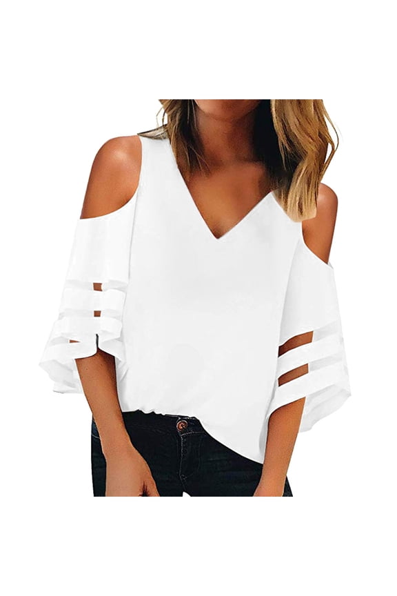 Womens Tee Women Button V Neck Mesh Panel Blouse 3/4 Bell Sleeve Loose Top Shirt