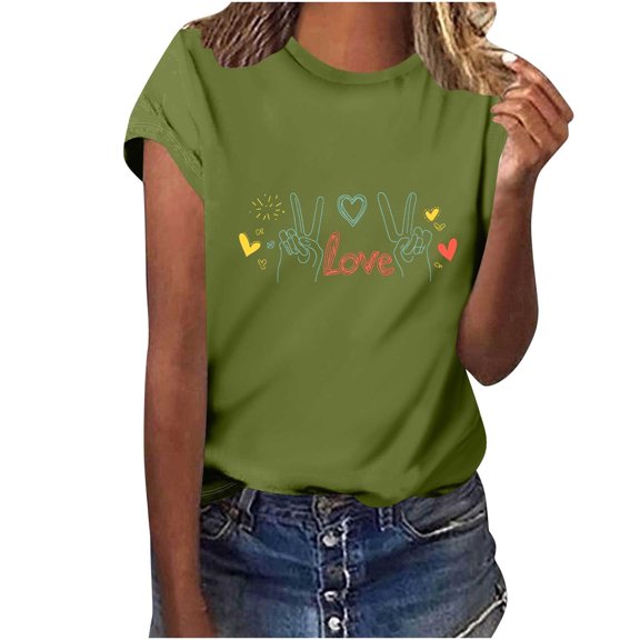 AOOCHASLIY Womens Clothes Tops Summer Casual Valentine's Day Heart Graphic Fashion Woman Round Neck Short Sleeve Tops T-Shirt Prints Loose Blouse for Home Party Outdoor