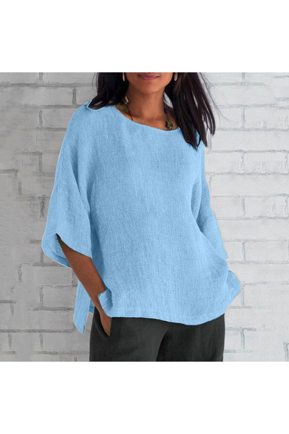 Womens Tops Women's Summer Fashion Cropped Sleeves Round Neck Cotton Line Loose Shirt Blouse