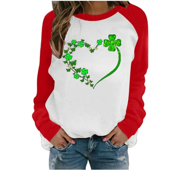 AOOCHASLIY Womens Tops Long Sleeve Casual St. Patrick's Day Ladies Spring Patchwork Clover Printed Long Sleeves Round Neck Casual Tee Tops