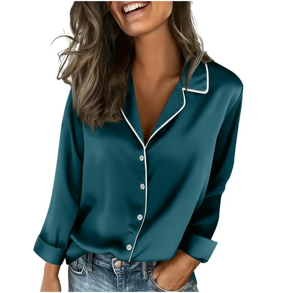 AOOCHASLIY Womens Tops Long Sleeve Satin Silk Button Down Shirts Casual Business Dressy Blouses Loose Fit Collared Shirt with Pocket Solid Color Fall Clothes for Casual Daily Work Date