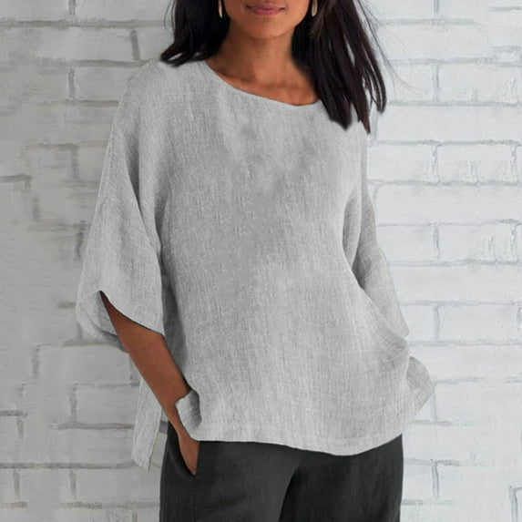 AOOCHASLIY Womens Tops Women's Summer Fashion Cropped Sleeves Round Neck Cotton Line Loose Shirt Blouse