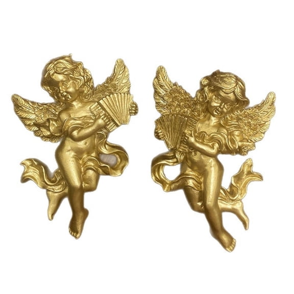 AOOOWER 2Pcs Classical Golden Angel Figure Wall Hanging Adornment Resin Sculpture For Living Space and Wedding Parties Decors
