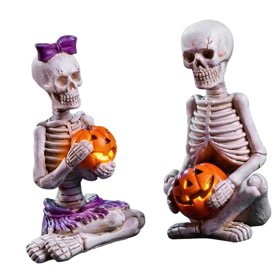 AOOOWER 2Pcs Halloween Decors Resin Skeleton Couple Figurine With Lighted Pumpkin Collectible Ornaments For Home Office Display