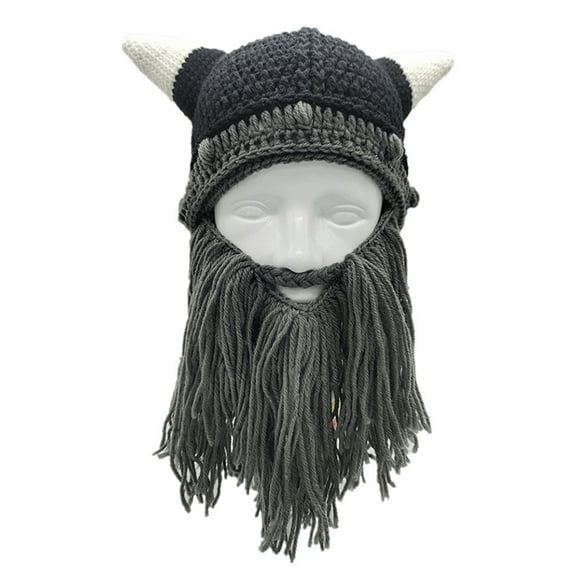 AOOOWER 2x Funny Beard Knitted Hat with Horns Parent-Child Beard Hat for Xmas