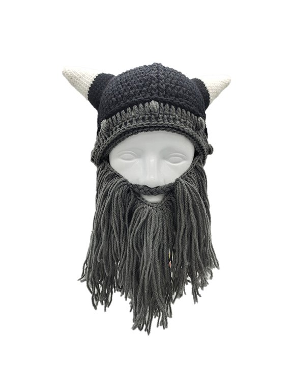 2x Funny Beard Knitted Hat with Horns Parent-Child Beard Hat for Xmas