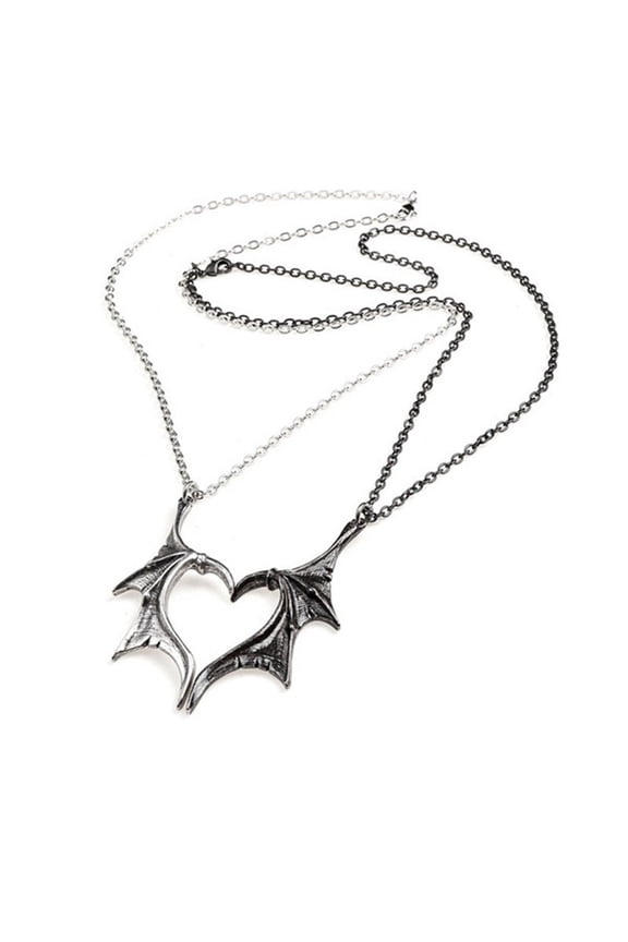 2x/Set Novelty Couple Necklaces Retro Bat Wing Heart Pendant Matching Necklace Jewelry Gift for Teen Friend