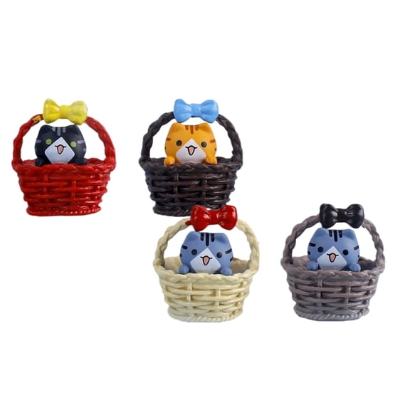 AOOOWER 4Pieces Funny Basket Cats Plastic Miniature Figurines Cartoon Kitten Ornaments for Kids Room Decors Creative Gift