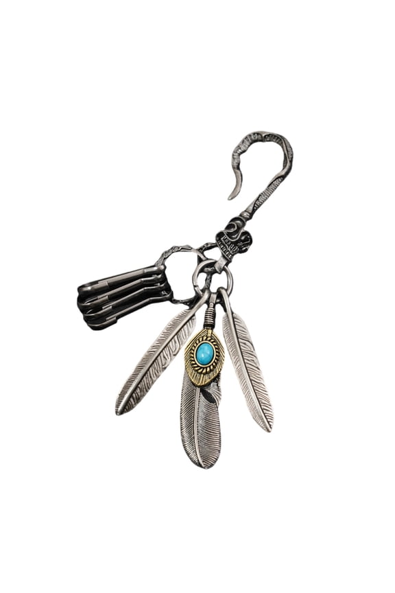 Antique Silver Finish Feather Keychain Ornament Featuring Turquoise for Retro Lovers and Fashion Fan Decoration