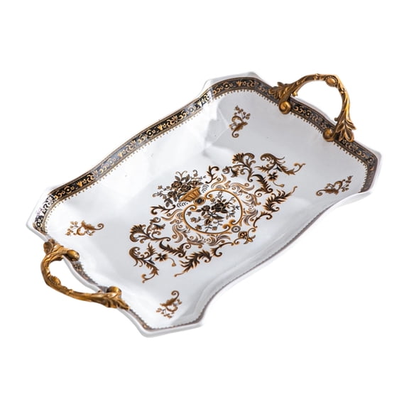 AOOOWER Artistic Floral Ceramic Platters With Coppers Alloy Base Traditional Double Handle Dish Ideal For Afternoon Tea Setting