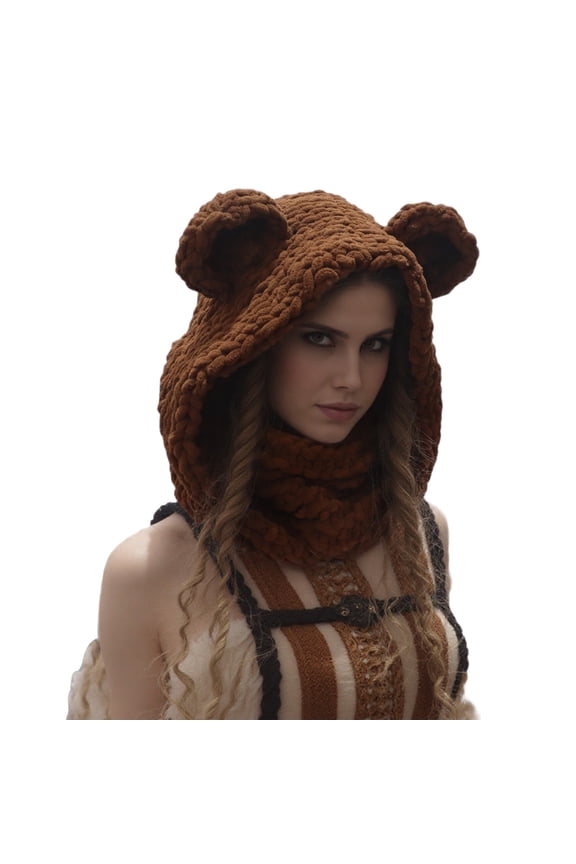 Bear Ear Knitted Scarf Hat Winter Warm Hat Thicken Face Neck Gaiter Balaclava For Women Snow Sport And Outdoor Activity