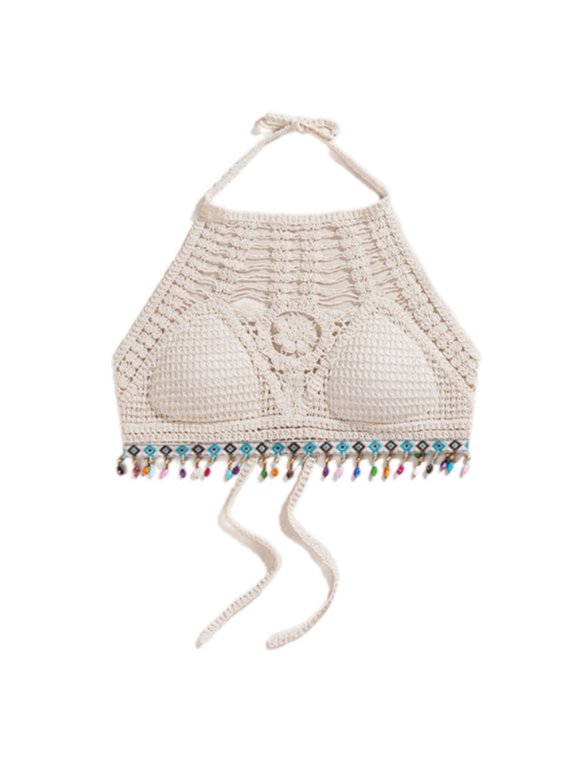 Bohemian Crochet Halter Cami Vest Backless Hollowout Knit Bikini Bra for Women