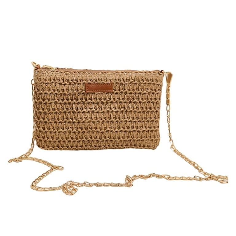 Aooower Chain Bag Handbag Crossbody Bag Straw Woven Shoulder Bag Trendy Beach Bag for Girl Women Large Capacity Casual Tote Bag Women s Brown