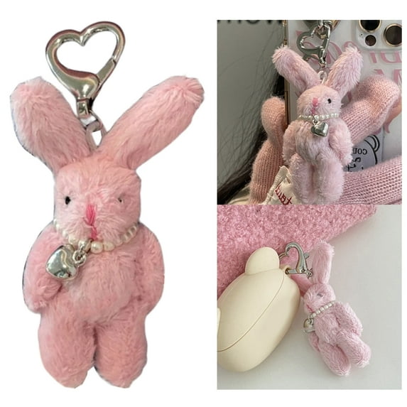 AOOOWER Cute Mini Fluffy Fur Rabbit Couple Keychain Women Girls Bunny Keychain On Bag Car Trinkets Jewelry Wedding Party Gift