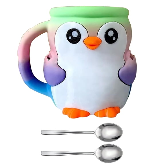 AOOOWER Cute Penguins Ice Cream Cup Holder With Snacks Drawer And Spoons Antifreeze Grip