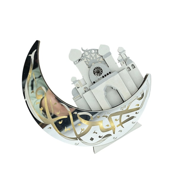 AOOOWER Decorative Wood LED Lighted Ornament for Eid Festivities Ramadans Moon Castles Mosque Decors for Living Room Display