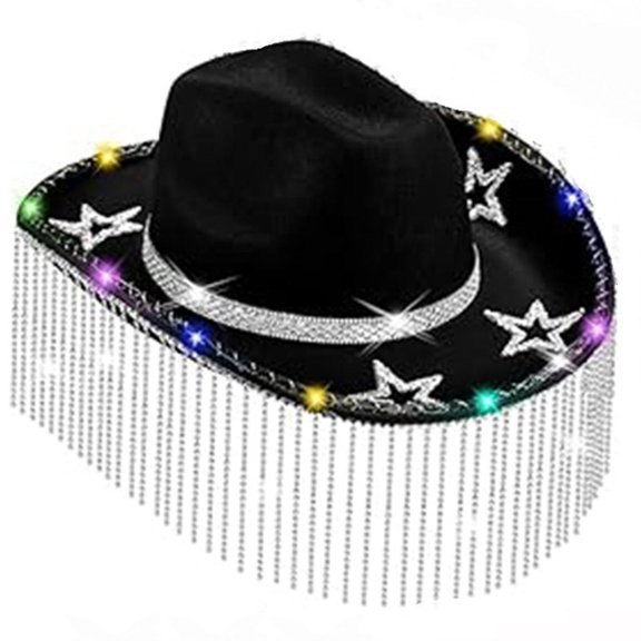 AOOOWER Disco Hat Panama Glowing Cowboy Hat Crystal Tassels for Carnivals Music Festival
