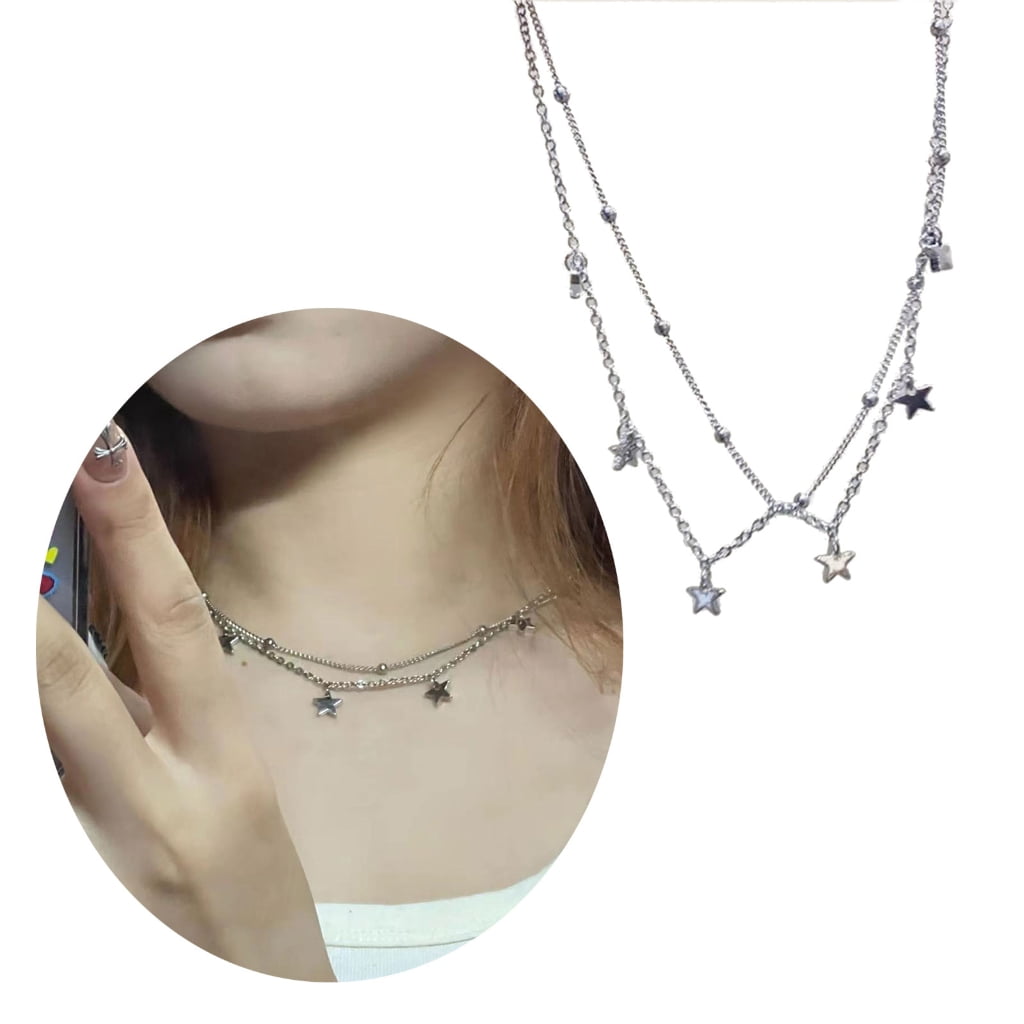 AOOOWER Double Layer Star Beaded Chain Necklace Elegant Alloy
