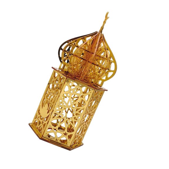 AOOOWER Eid Decorative Lanterns Gold Eid LED Lights Acrylic Texture Hanging Lamp Suitable for Table Garden and Party Decorations