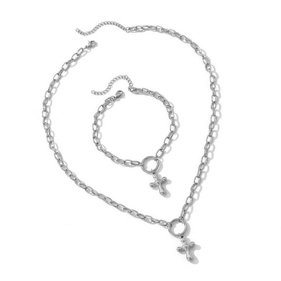 AOOOWER Elegant Stainless Steel Crosses Pendant Necklace And Bracelet Set For Women