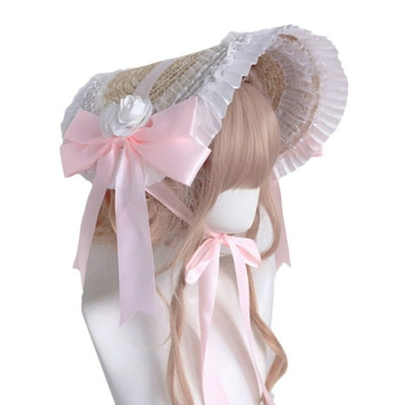 AOOOWER Elegant Straw Hat withStrap Bonnet Cap Headdress Ruffle Lace Hair Accessories