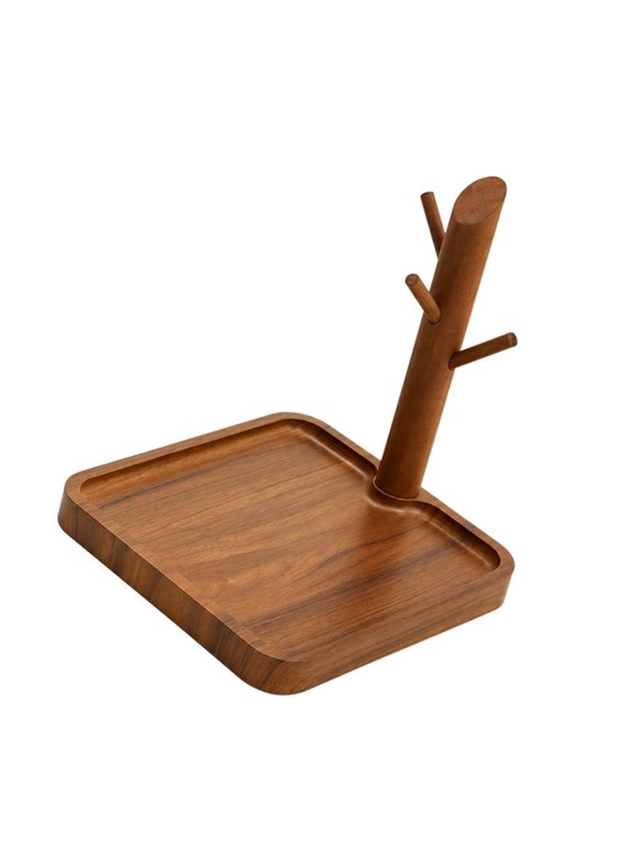 Entryway Key Holder and Jewelry Stand with Branched Hanging Pegs, Recessed Tray, and Removable Solid Wood Post