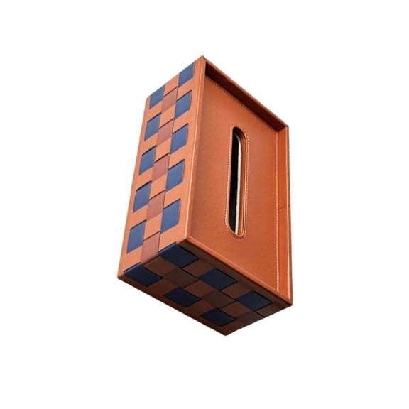 AOOOWER Handwoven Checkerboard Pattern Storage Box Blue Golden Brown Saddles Fiber Gray Flannel