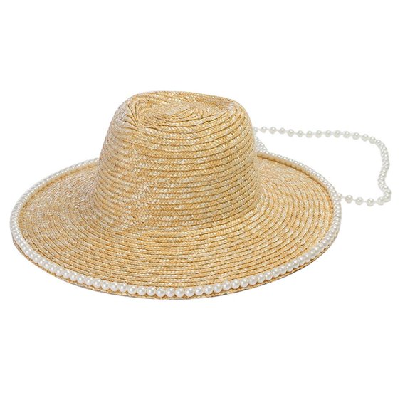 AOOOWER Ivory Pearl embellished Wide Brim Straw Hat Adjustable Strap Beach Outdoors