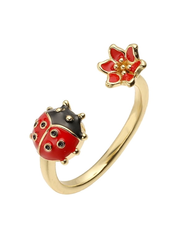 Ladybugs Inspired Adjustable Ring Colorful Drip Enamel Artisanal Crafted Jewelry