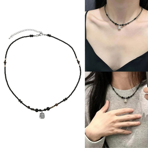 AOOOWER Lion-Head Pendant Necklace Bead Chain Choker Chinese Style Charm Choker Necklace Clavicle Chain Unisex Jewelry Ornament