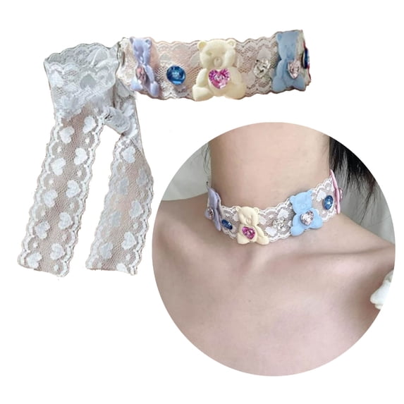 AOOOWER Lovely Lace Tied Collar Necklace Elegant Cute Soft Choker Sweet Rhinestone Bear Necklaces Women Party Jewelry Gift
