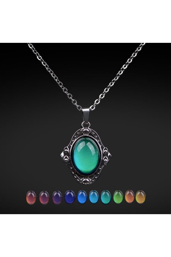 Retro Unique Gemstone Emotion Change Color Necklace + Ring Jewelry for Birthday