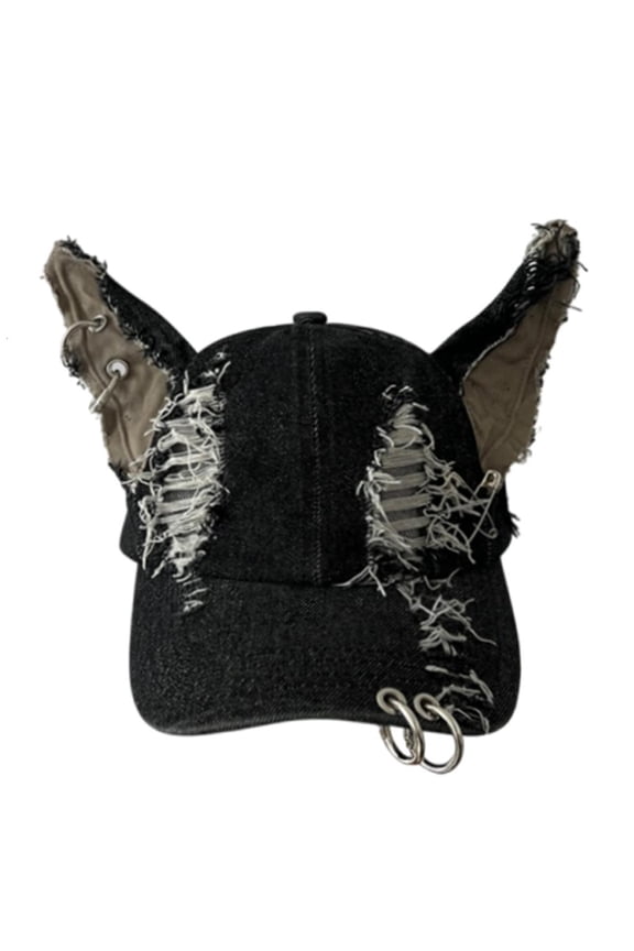 Ripped Fabric Baseball Hat with Dog Ears Sun Hat Outdoor Activity Hat Adjustable Cricketed Caps Street Dance Hat