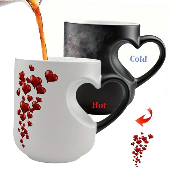 AOOOWER Romantics Heat Sensitive Ceramic Cup In Heart Design Shows Magically Color Changing When Fill With Hot Beverage Gift
