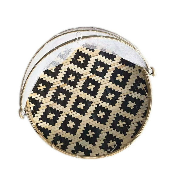 AOOOWER Rustic Woven Bamboo Food Serving Basket with Mesh Cover Bread Tent Tray Dustpan