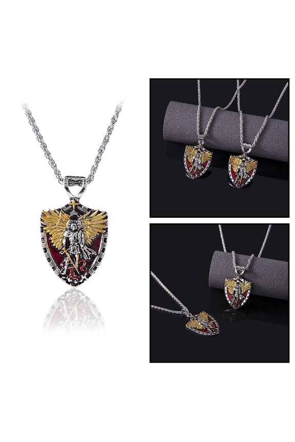 Saint Michael Pendant Shield Necklace Hip Hop Knight Templars Swords Necklace