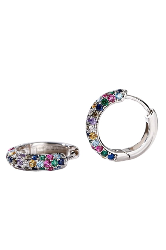 Shimmering Rainbow Zirconia Ear Clip Hoop Earrings with Sparkling Rhinestones