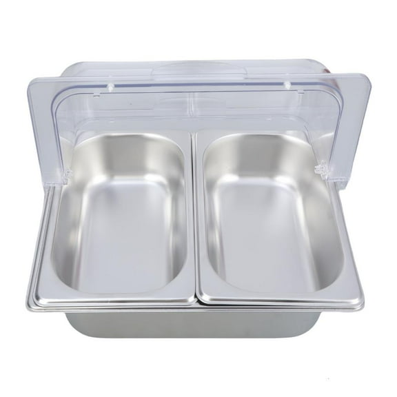AOOOWER Stainless Steel 2 Compartment Food Pan Clear Roll Top Lid Buffet Serving Tray with Dividers Condiment Dispenser