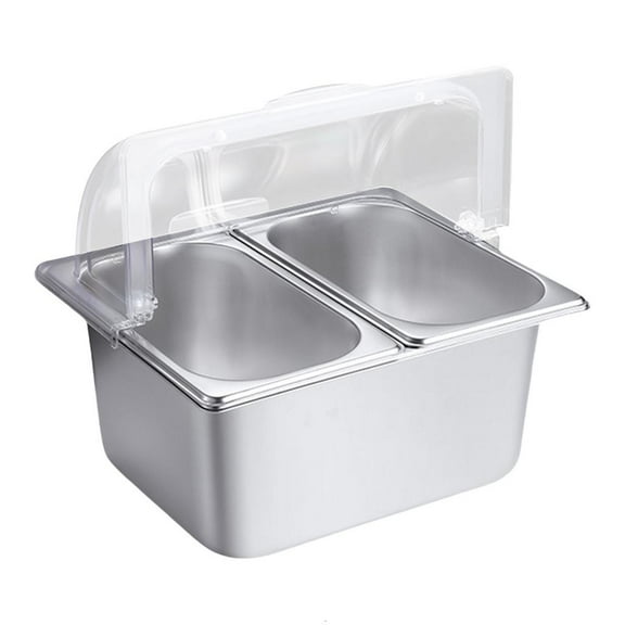 AOOOWER Stainless Steel 2 Compartment Food Pan Clear Roll Top Lid Buffet Serving Tray with Dividers Condiment Dispenser
