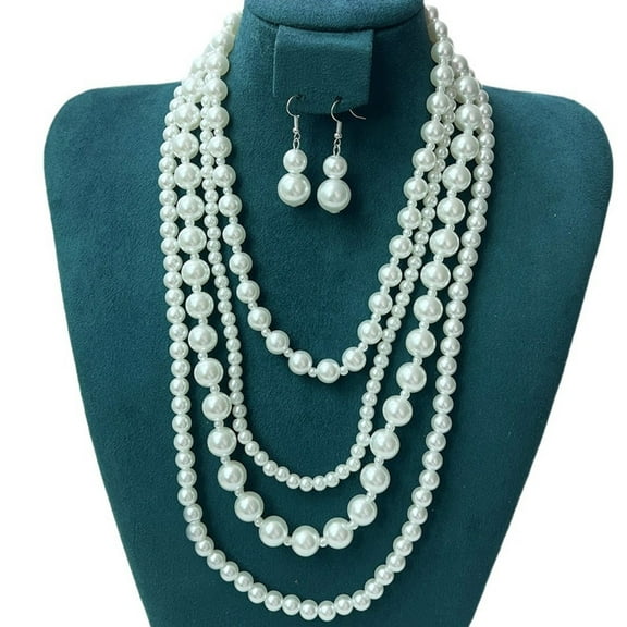 AOOOWER Stylish Women's Layered Faux Pearls Beaded Necklace and Earring Ensembles Charm