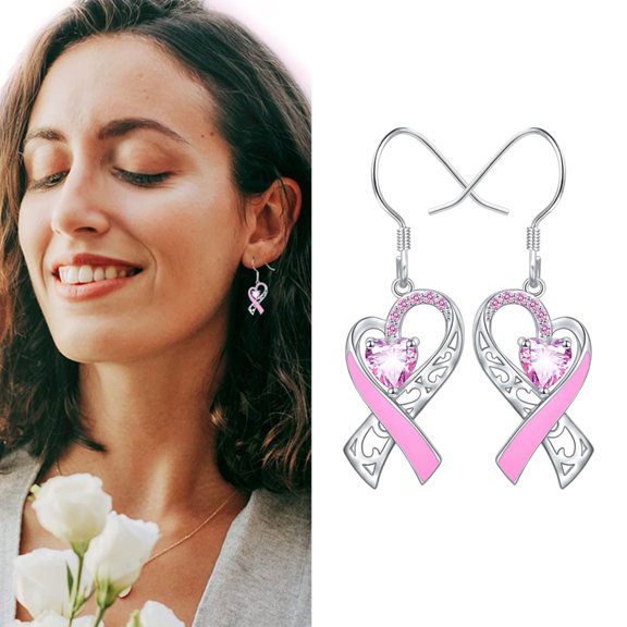 AOOOWER Sweet Pink Crystal Heart-Shaped Pierced Earrings Fashionable Birthday Gift