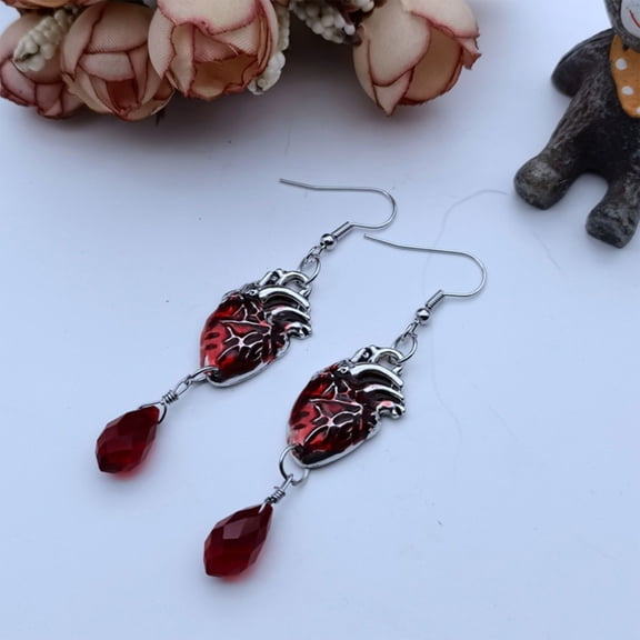 AOOOWER The Beating Heart Asymmetrical Cuff Earrings Chain Ear Cuff Clip Jewelry Gift Witchy Gothic for Vampire Spooky Boho Bohe