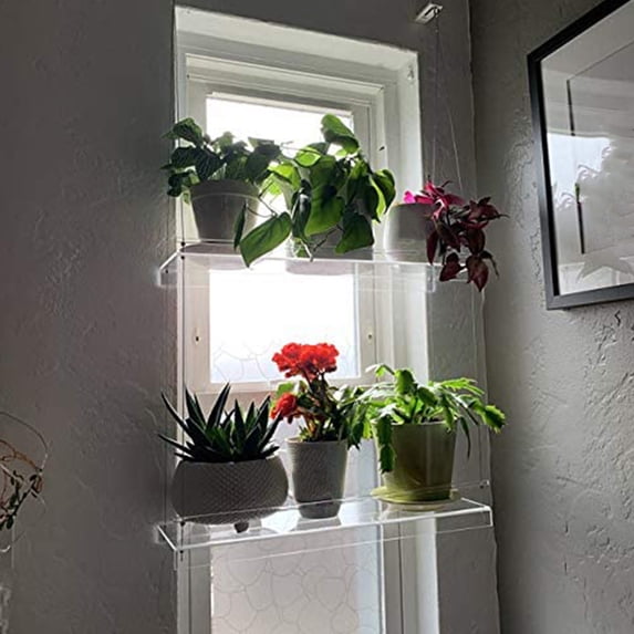 AOOOWER Transpaent Acrylic Window Plant Shelves 2/3 Layers Clear Hanging Floating Wall Shelf Flower Pot Rack Planter Stand Decor