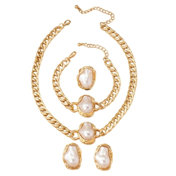 AOOOWER Vintage Irregular Pearls Pendant Jewelry Choker Studs Earrings Ring Bracelet Set for Women Fashionable Accessories
