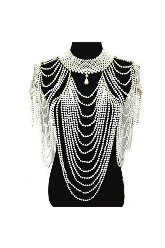 Women Faux Pearl Body Statement Necklace Beaded Tassel Jewelry Shoulder Chain