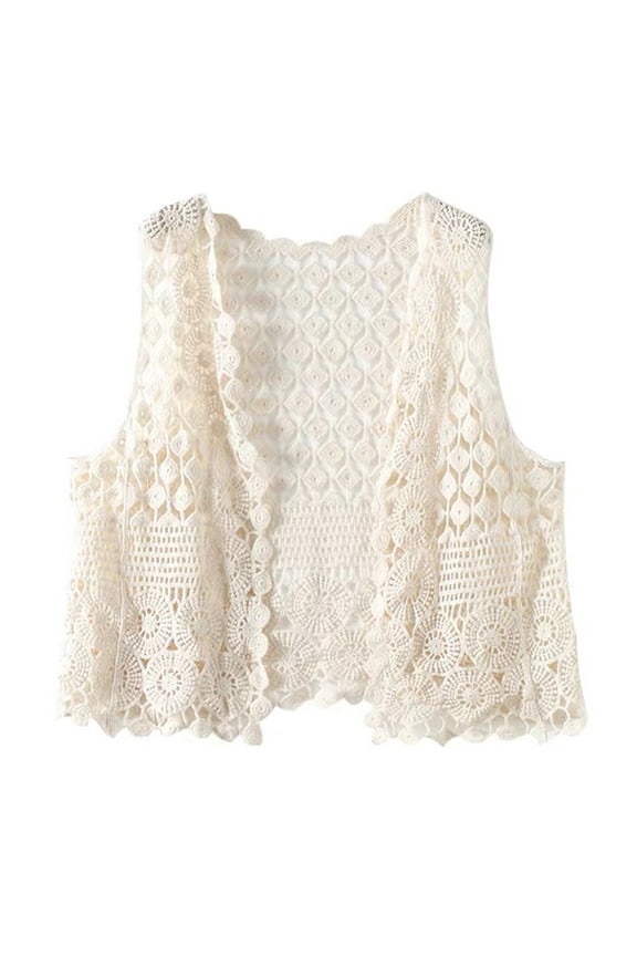 Women Summer Crochet Sleeveless Vest Waistcoat Ethnic Hollow Out Knit Diamond Circle Pattern Solid Color Cardigan Jacket