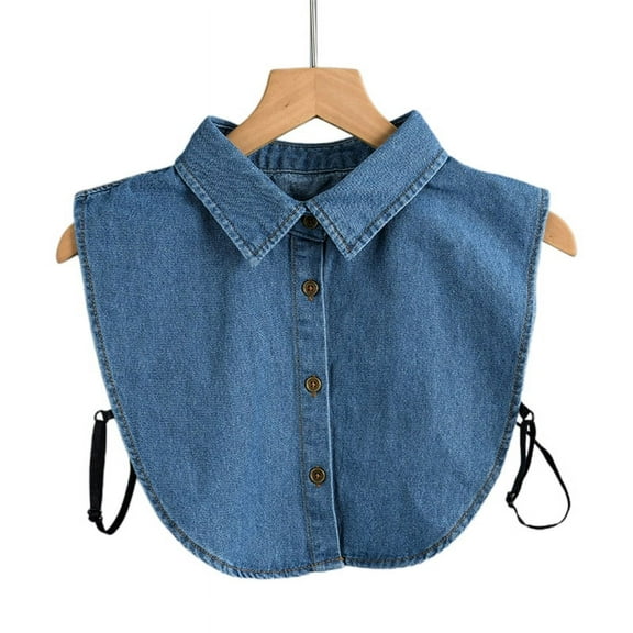 AOOOWER Women Vintage Washed Denim Faux Collar Autumn Winter Detachable Dickey Blouse Button Down Layering Lapel Half Shirt