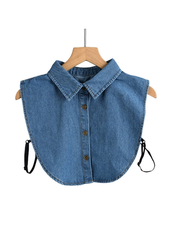 Women Vintage Washed Denim Faux Collar Autumn Winter Detachable Dickey Blouse Button Down Layering Lapel Half Shirt